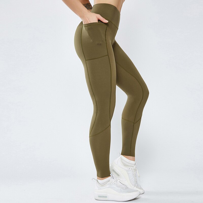 Mallas deportivas de cintura alta para mujer, efecto realce y bolsillos laterales