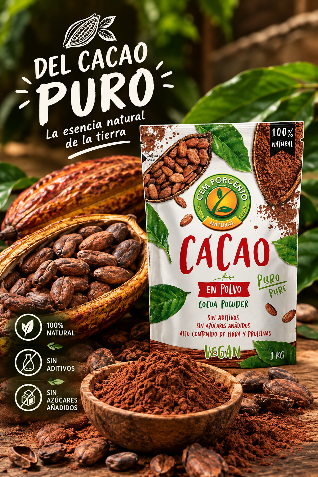 Cacao Puro en Polvo 100% Natural 1Kg - Cem Porcento