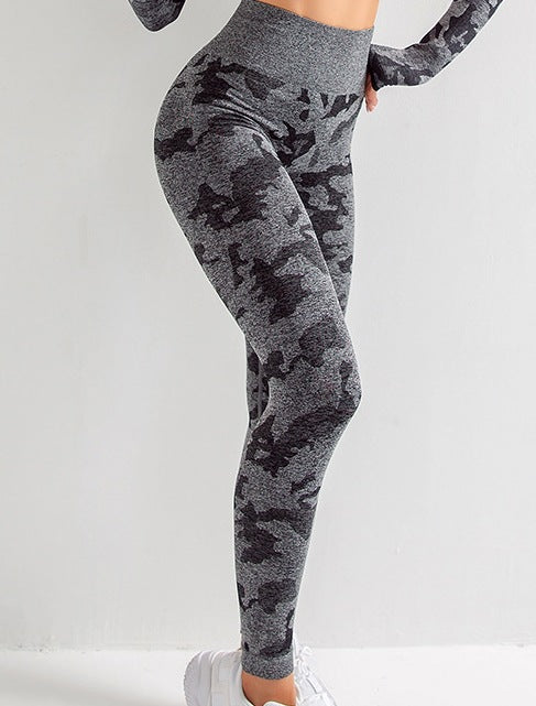 Camouflage 3-piece long sleeved bra pants sports fitness yoga peach hip lifting tight pants set