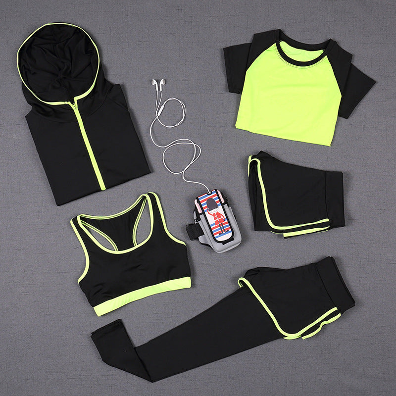Set de yoga de 5 piezas para mujer: camiseta de running, sujetador deportivo, chaleco, pantalones de fitness, pantalones cortos de manga corta, conjunto de ropa deportiva para gimnasio