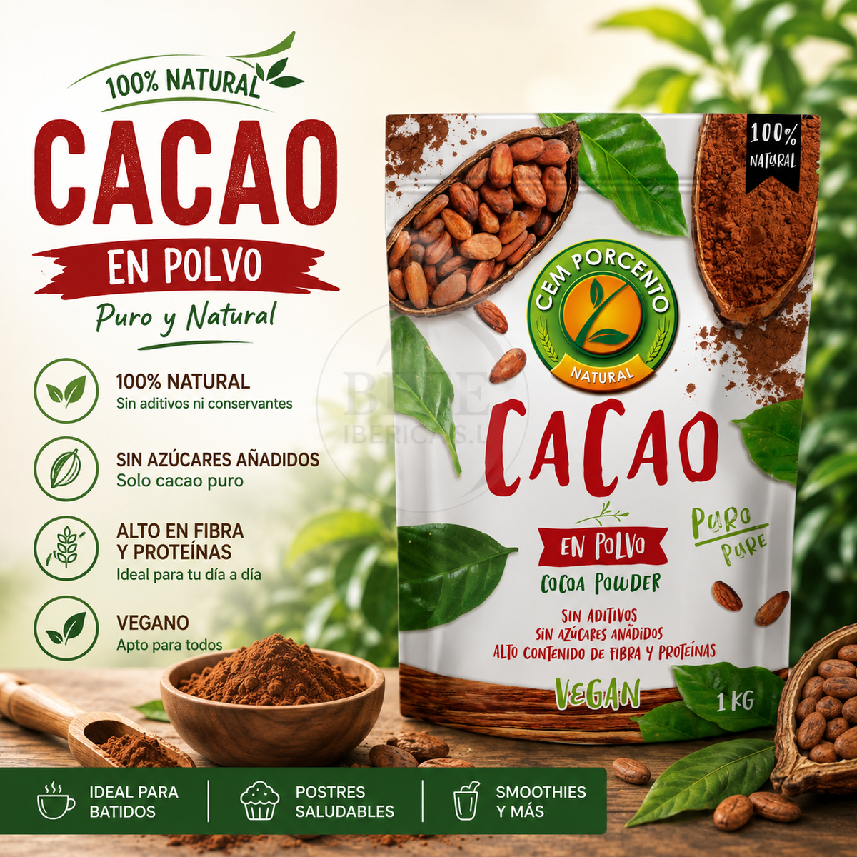 Cacao Puro en Polvo 100% Natural 1Kg - Cem Porcento