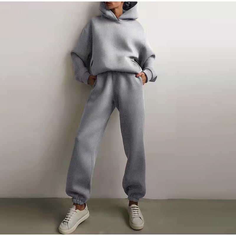 Women's Tracksuit Autumn Plus Fleece Sweatshirts Two Piece Set Casual Oversized Solid Female Sports Hoodie Suit Long Pant Sets