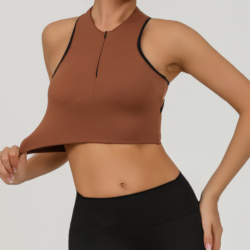 Top corto de yoga con cremallera a la moda para mujer, diseño de espalda con tiras y absorción de impactos, camiseta sin mangas para entrenamiento físico