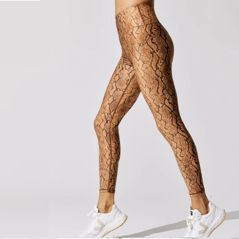 Leggings con estampado de serpiente para mujer, tiro alto, largo completo, pantalones deportivos para correr, leggings de gimnasio elásticos de compresión, talla estadounidense