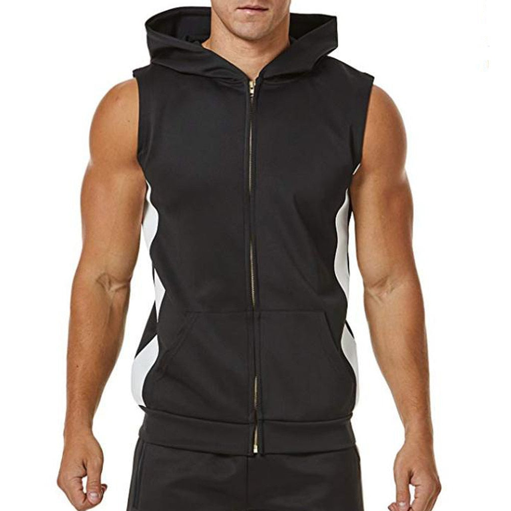 Chaleco deportivo con capucha, cremallera y paneles para hombre, ropa de culturismo para gimnasio, camiseta sin mangas de musculación y fitness