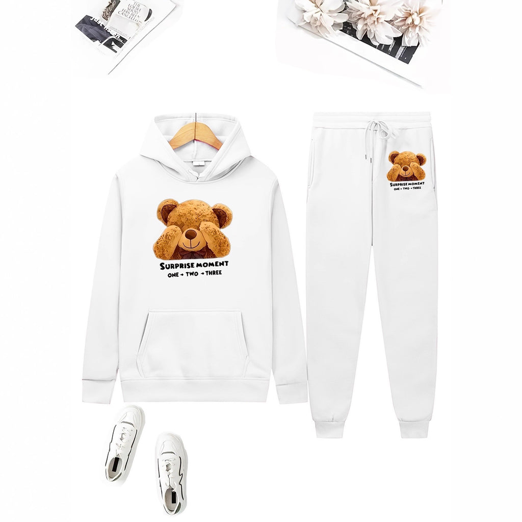 Cute Bear Print Fleece Hoodie Set for Women, Casual Loose Fit, Comfortable Tracksuit, Soft and Warm Sweatshirt