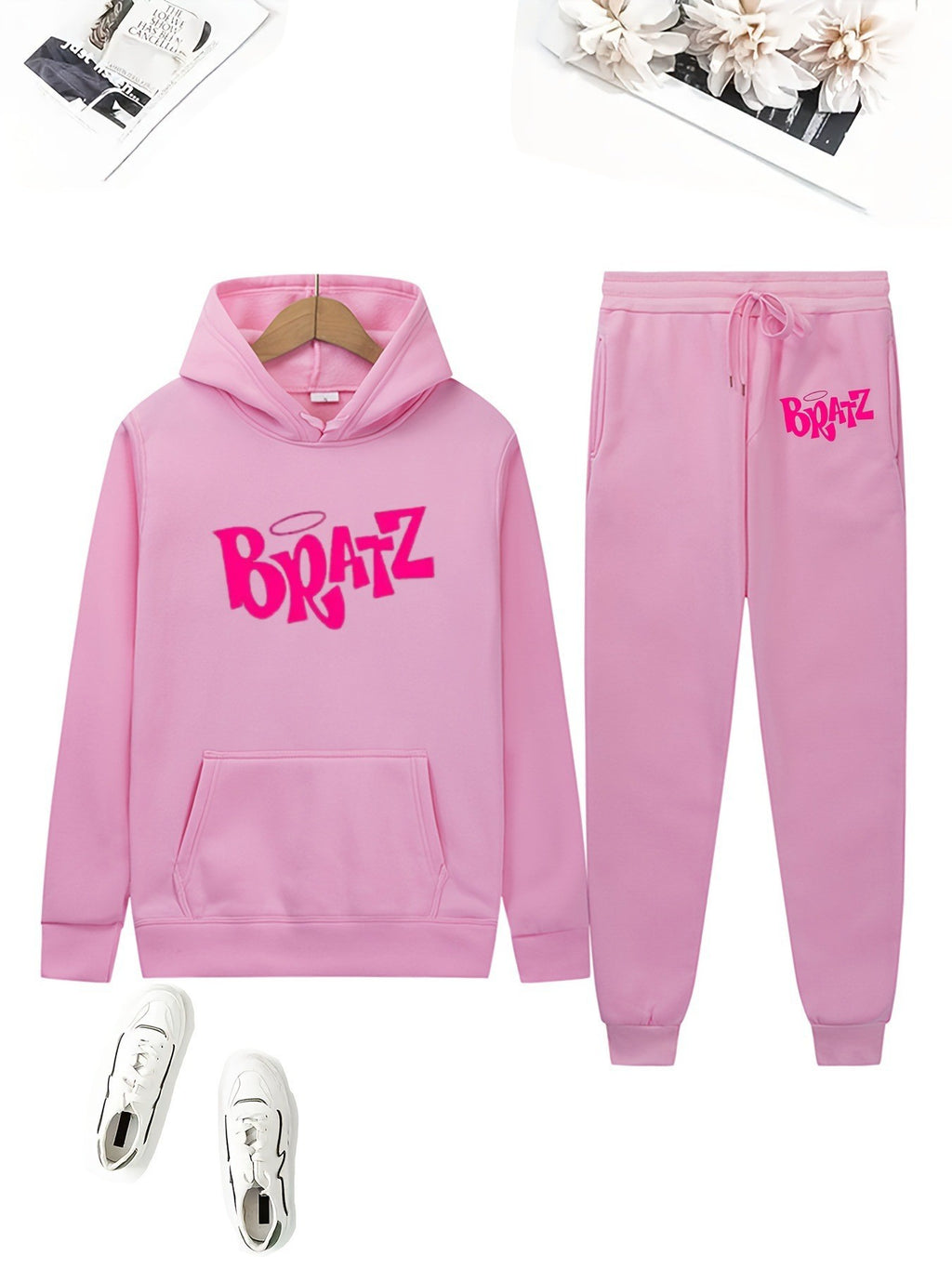 Cute Bear Print Fleece Hoodie Set for Women, Casual Loose Fit, Comfortable Tracksuit, Soft and Warm Sweatshirt