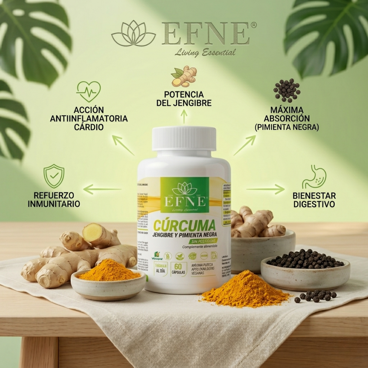 Cúrcuma + Jengibre + Pimienta Negra EFNE — 60 cápsulas