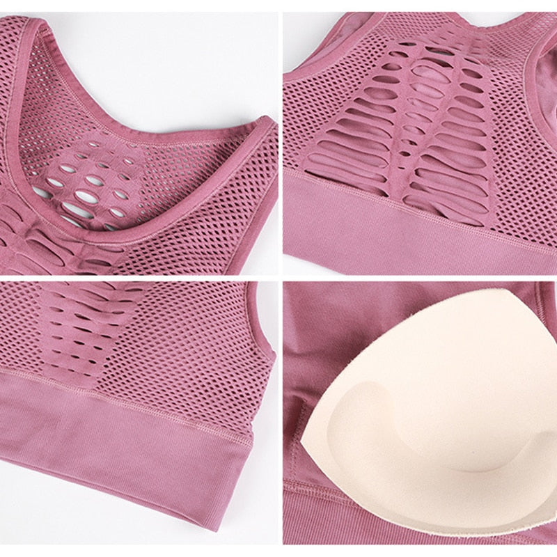 Top deportivo sin costuras para mujer, sujetador de yoga con espalda cruzada para correr, top corto de entrenamiento rosa, sujetador acolchado de alto impacto para hacer ejercicio