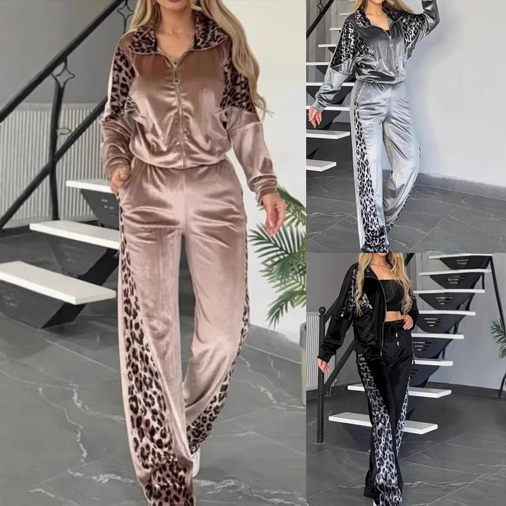 Conjunto de ropa deportiva casual de terciopelo con estampado de leopardo para mujer