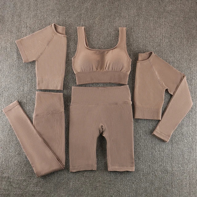 Conjunto deportivo de yoga sin costuras para mujer, ropa de entrenamiento para gimnasio, top corto de manga larga y leggings de cintura alta