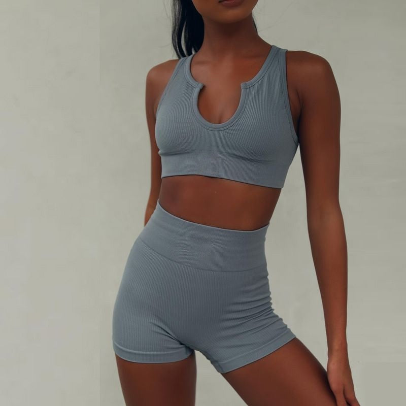 Conjunto de dos piezas, tejido sin costuras, sexy, para gimnasio, deporte, entrenamiento, correr, sujetador deportivo corto, traje de yoga, chándal, cuello en U, fitness