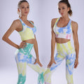 Conjunto deportivo de yoga para mujer, traje de running sin costuras, estampado tie-dye verde y azul, ropa de gimnasio, pantalones de cintura alta con control de abdomen, conjunto de fitness