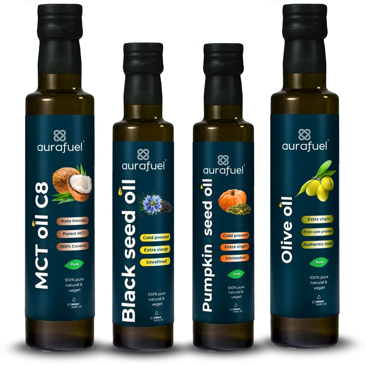 The Essential Four Oils: Black seed, Olive, MCT C8 & Pumpkin seed