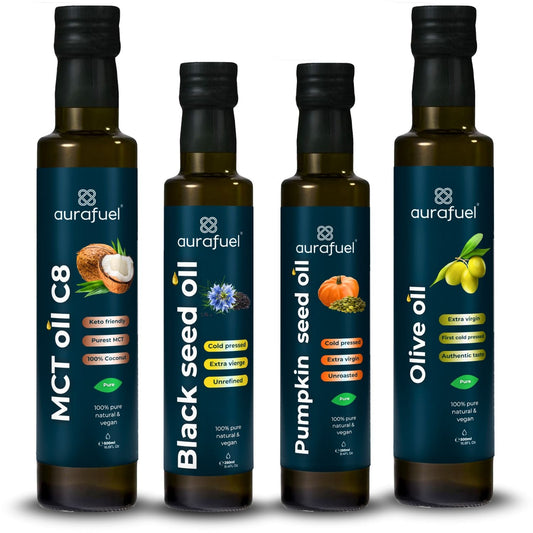 Los cuatro aceites esenciales: semilla negra, oliva, MCT C8 y semilla de calabaza