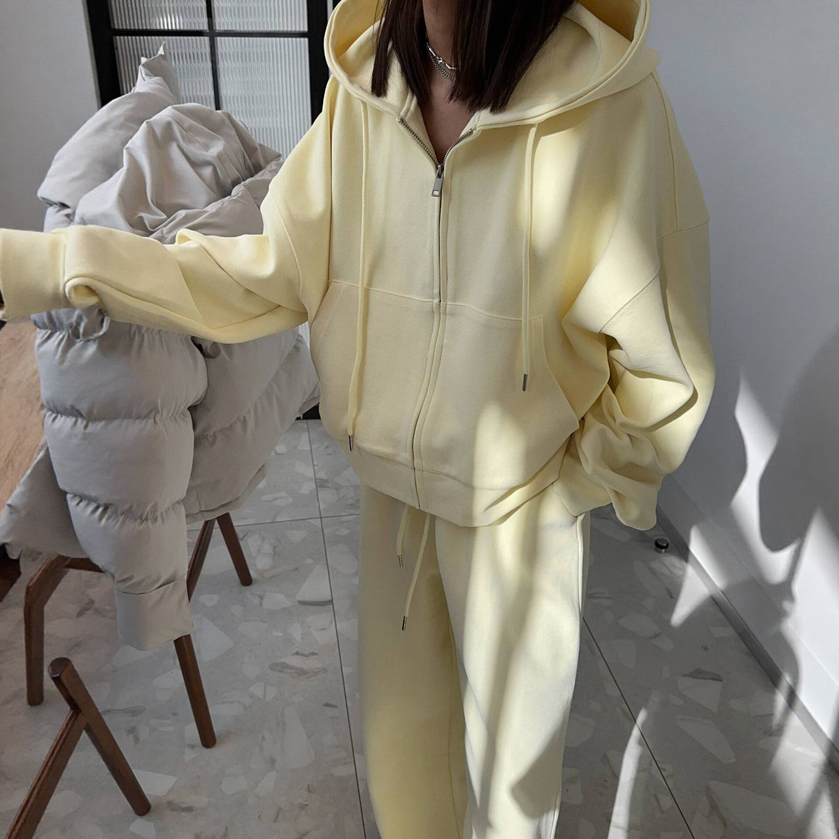 Solid Color Loose Fit Hooded Zip-Up Tracksuit Set for Women