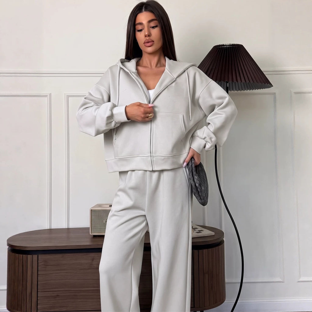Solid Color Loose Fit Hooded Zip-Up Tracksuit Set for Women