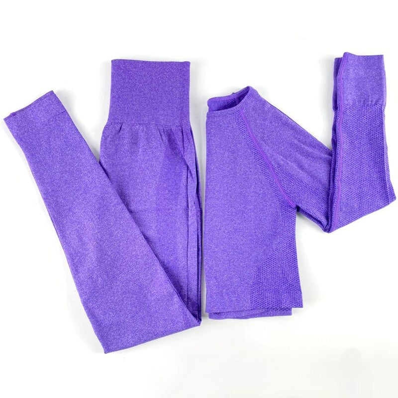 Conjunto de yoga sin costuras para mujer, leggings de gimnasio de cintura alta a prueba de sentadillas + camisetas, conjunto de deporte para entrenamiento de fitness con tops de manga larga