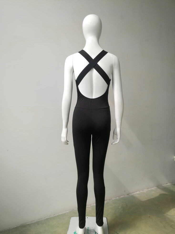 Conjunto deportivo de yoga para gimnasio y running, body sexy con espalda descubierta y cuello en V profundo, leggings y pantalones elásticos.