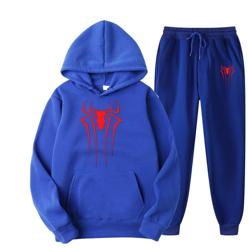 men's casual sportswear set, spider print, fleece-lined thickened tracksuit, cool and stylish