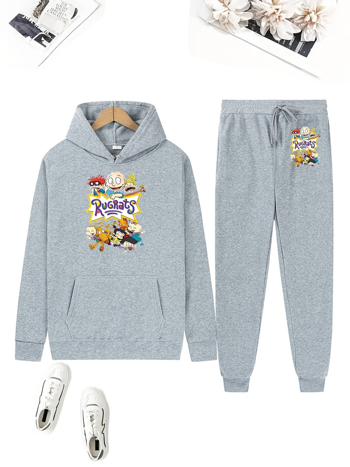 Cute Bear Print Fleece Hoodie Set for Women, Casual Loose Fit, Comfortable Tracksuit, Soft and Warm Sweatshirt