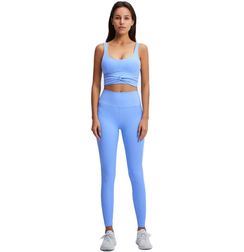Conjunto de 2 piezas: Sujetador deportivo acanalado y leggings sin costuras para mujer, conjunto de entrenamiento, top corto para gimnasio y pantalones de yoga de tiro alto