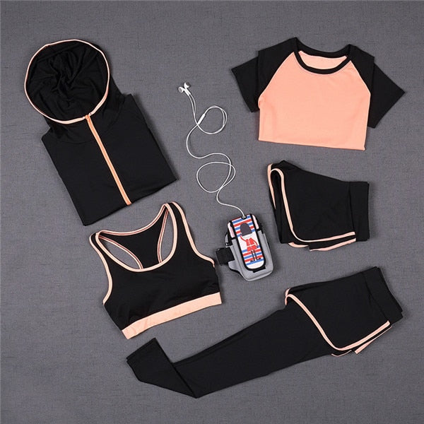 Set de yoga de 5 piezas para mujer: camiseta de running, sujetador deportivo, chaleco, pantalones de fitness, pantalones cortos de manga corta, conjunto de ropa deportiva para gimnasio