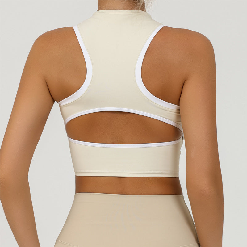 Top corto de yoga con cremallera a la moda para mujer, diseño de espalda con tiras y absorción de impactos, camiseta sin mangas para entrenamiento físico