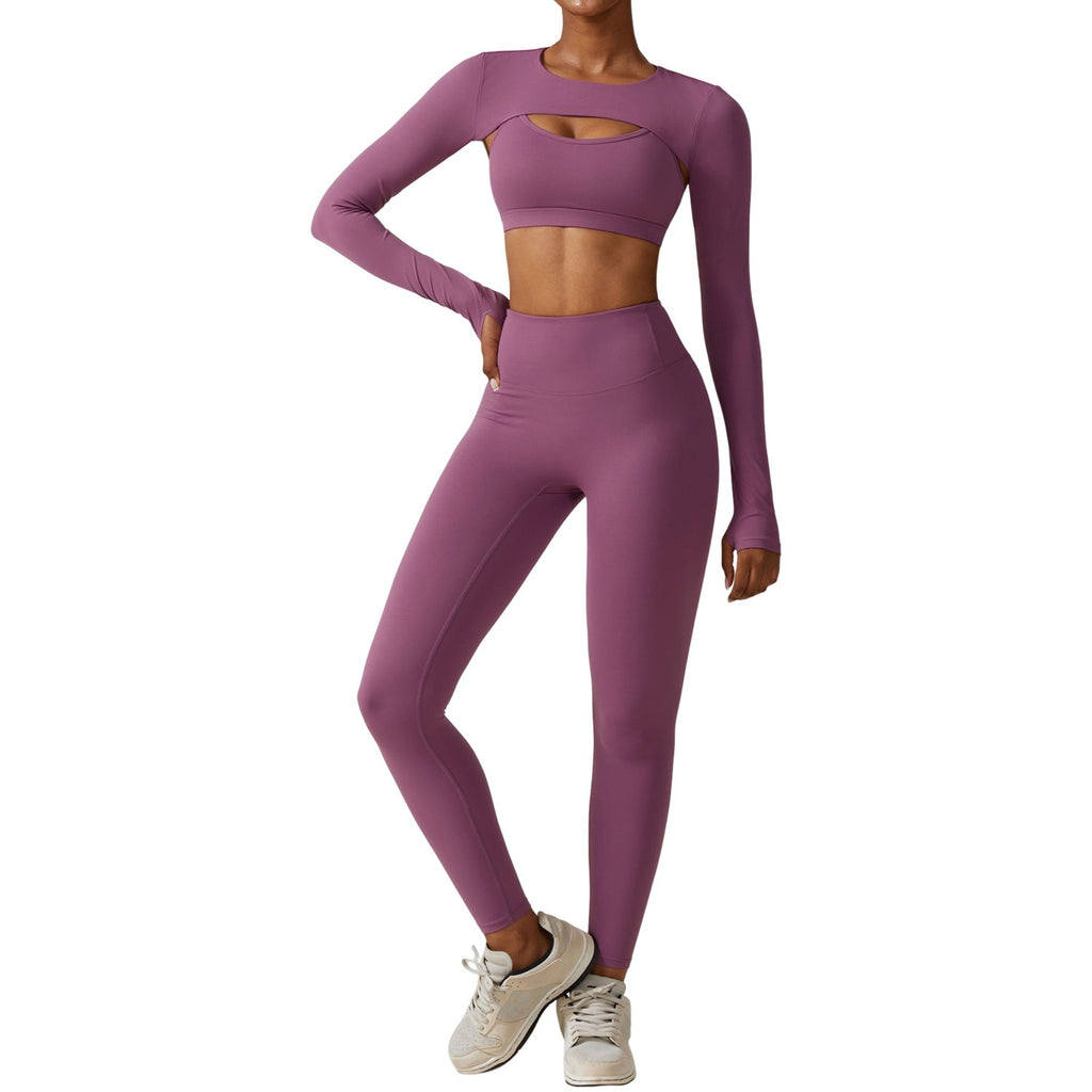 Conjunto de yoga ajustado con capucha, manga larga y efecto piel para mujer