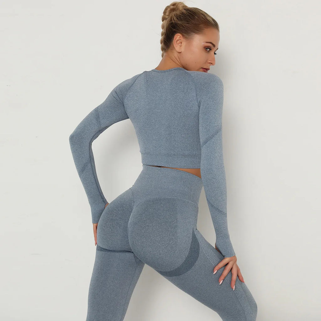 Conjunto de gimnasio sin costuras para mujer, top de manga larga, leggings deportivos de cintura alta que controlan el abdomen, ropa de gimnasio, traje deportivo sin costuras para chicas con curvas