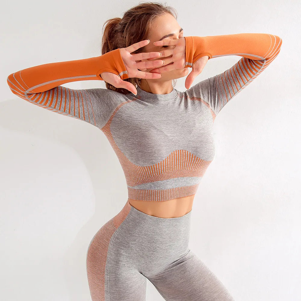Conjunto Deportivo Mujer Sin Costuras Yoga Ropa de Gimnasio Mujer Conjunto de Leggings Largos Ombre de Manga Larga Cintura Alta Ropa de Gimnasio de Invierno Traje de Yoga Ajustado