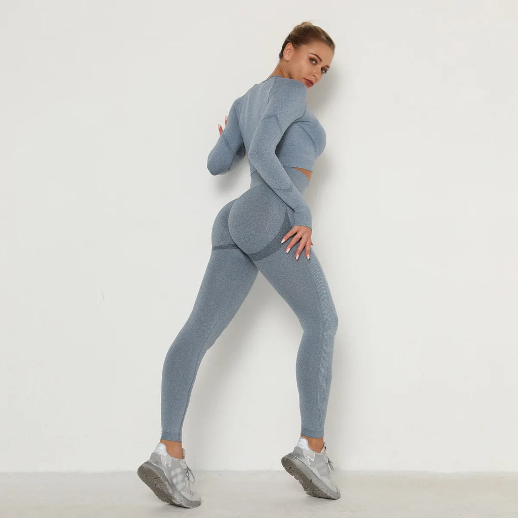 Conjunto de gimnasio sin costuras para mujer, top de manga larga, leggings deportivos de cintura alta que controlan el abdomen, ropa de gimnasio, traje deportivo sin costuras para chicas con curvas