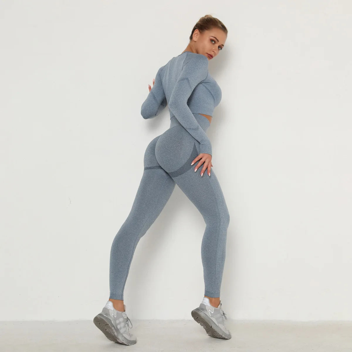 Conjunto de gimnasio sin costuras para mujer, top de manga larga, leggings deportivos de cintura alta que controlan el abdomen, ropa de gimnasio, traje deportivo sin costuras para chicas con curvas