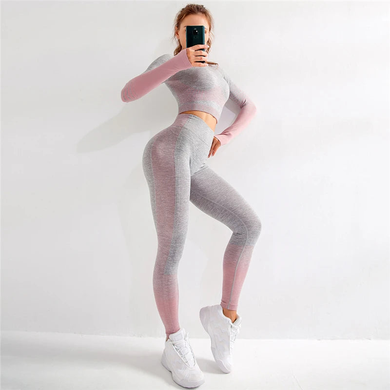 Conjunto Deportivo Mujer Sin Costuras Yoga Ropa de Gimnasio Mujer Conjunto de Leggings Largos Ombre de Manga Larga Cintura Alta Ropa de Gimnasio de Invierno Traje de Yoga Ajustado