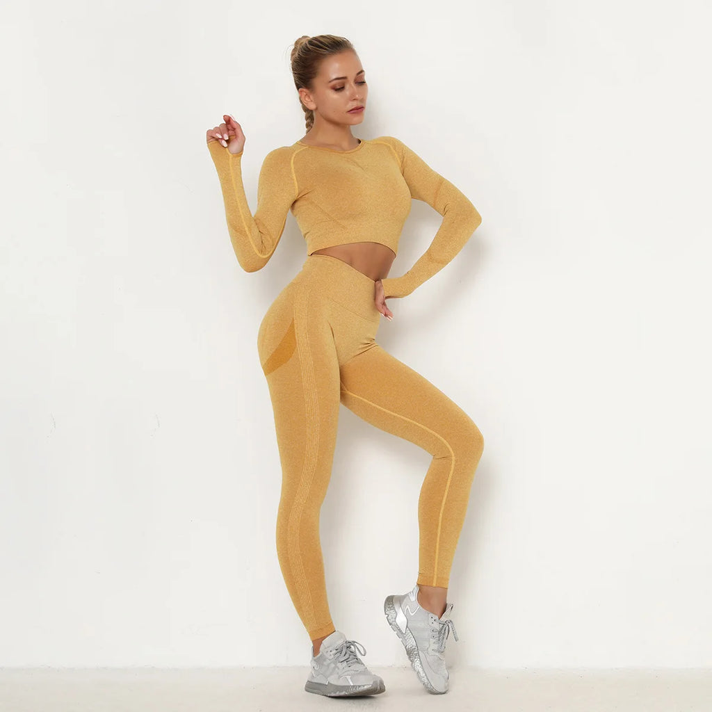 Conjunto de gimnasio sin costuras para mujer, top de manga larga, leggings deportivos de cintura alta que controlan el abdomen, ropa de gimnasio, traje deportivo sin costuras para chicas con curvas