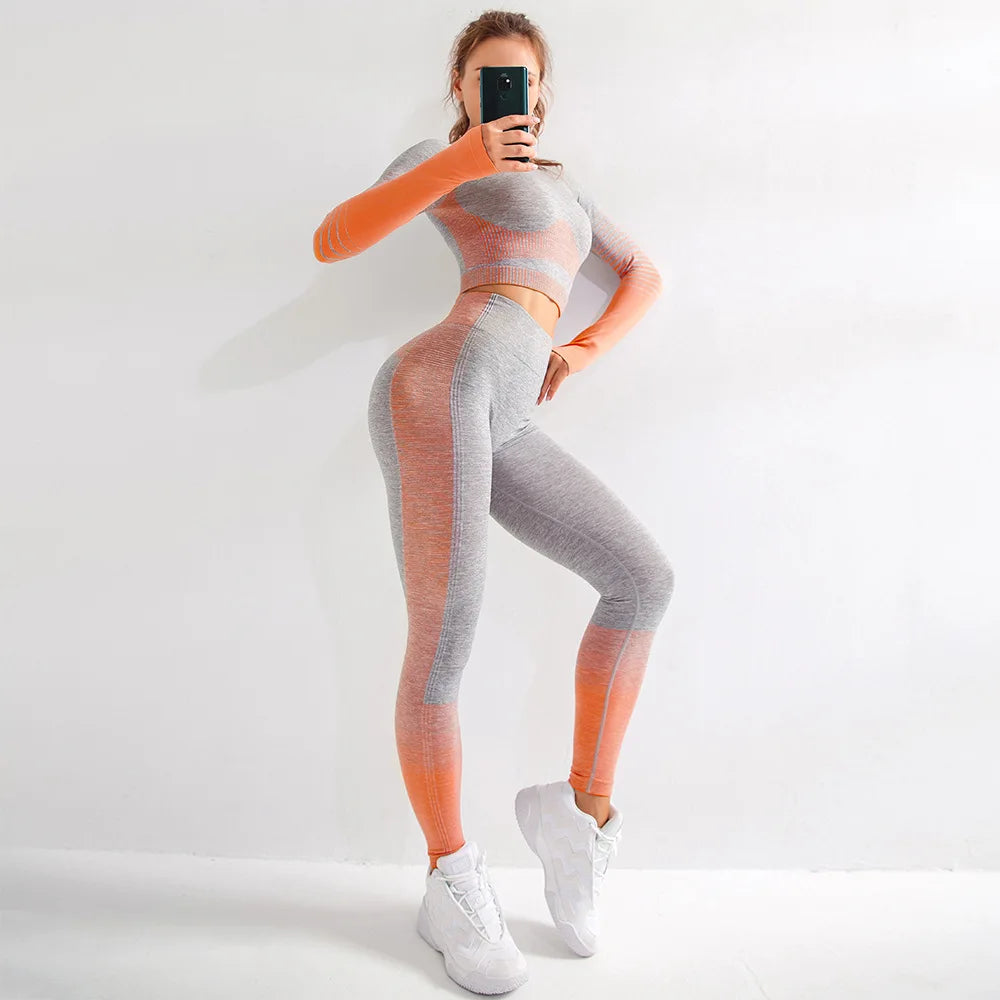 Conjunto Deportivo Mujer Sin Costuras Yoga Ropa de Gimnasio Mujer Conjunto de Leggings Largos Ombre de Manga Larga Cintura Alta Ropa de Gimnasio de Invierno Traje de Yoga Ajustado