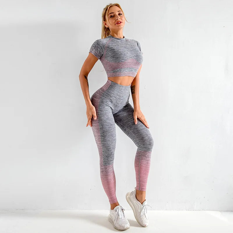 Conjunto Deportivo Mujer Sin Costuras Yoga Ropa de Gimnasio Mujer Conjunto de Leggings Largos Ombre de Manga Larga Cintura Alta Ropa de Gimnasio de Invierno Traje de Yoga Ajustado