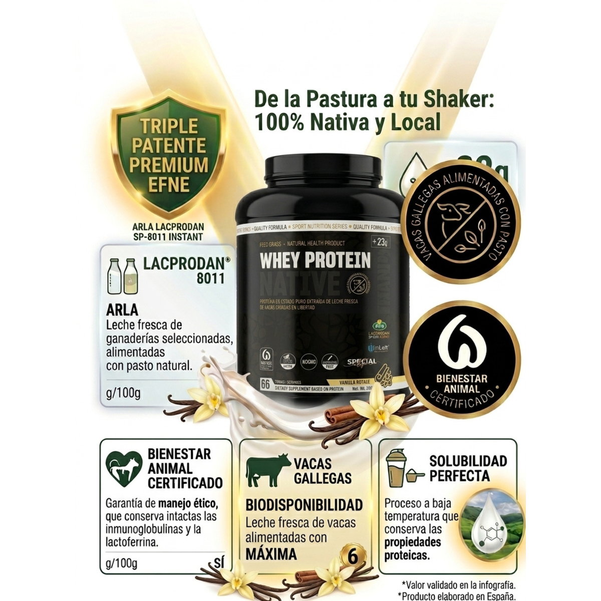 EFNE Whey Protein Native 2kg – Proteína Native Triple Patente (Arla, RENYLAC, InLeit) Sabor Vanilla Royale
