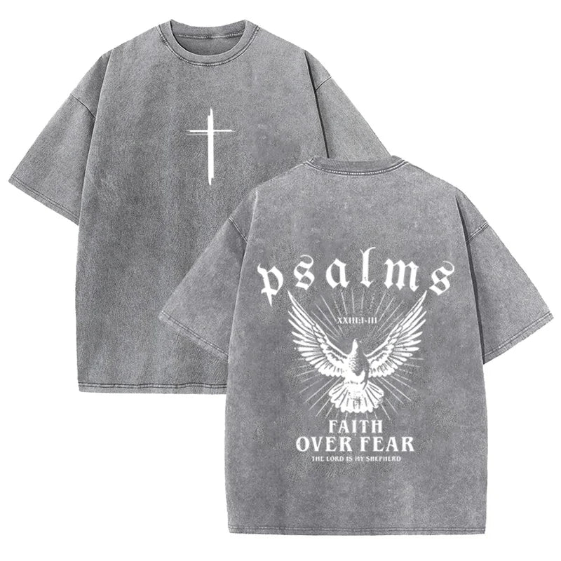 Camiseta Religiosa Retro – Fe sobre el Miedo, Estampado Paloma y Salmos, Streetwear