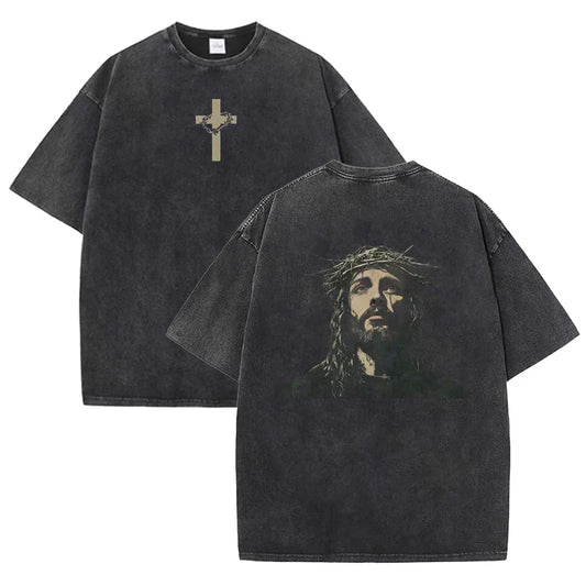 Camiseta Gráfica Religiosa para Hombre – Corona de Espinas de Jesús, Algodón Oversize