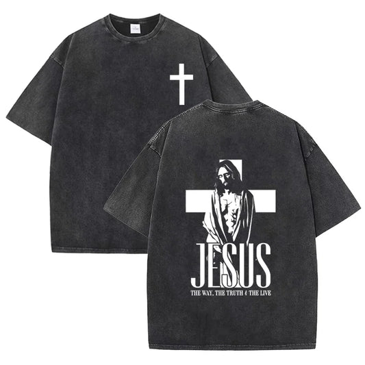 Vintage Washed Double Sided T Shirt Cross Jesus Portrait Letter Print OversizedChristianFaith StreetwearShortSleeveTeeAsian Size