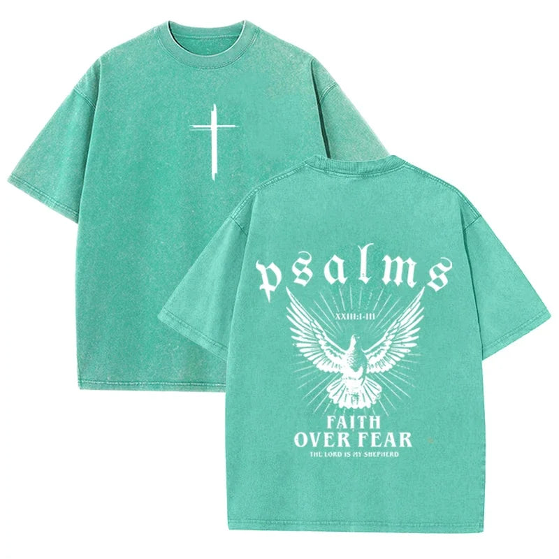 Camiseta Religiosa Retro – Fe sobre el Miedo, Estampado Paloma y Salmos, Streetwear