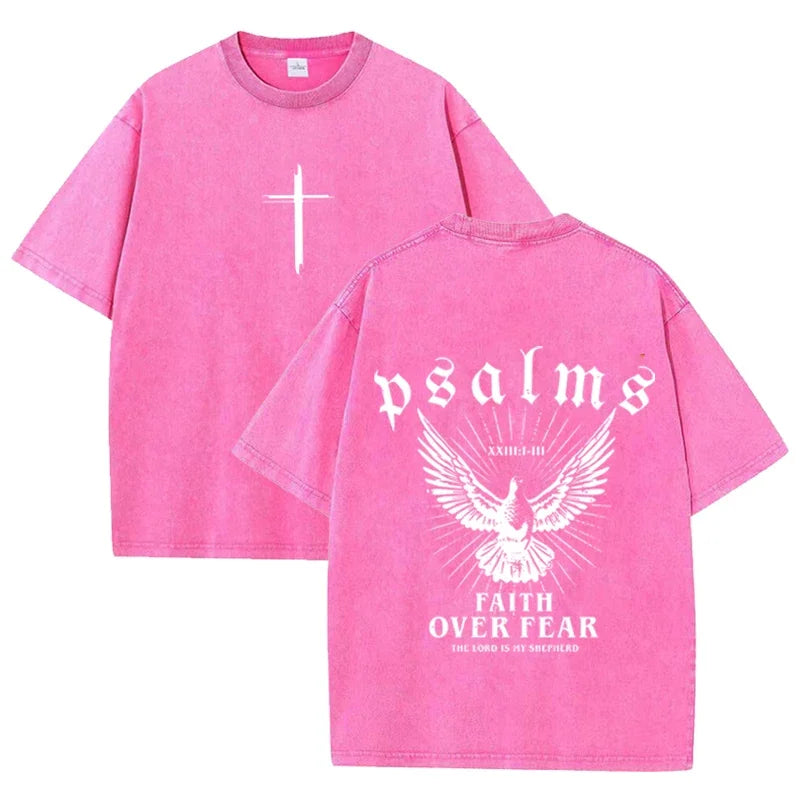 Camiseta Religiosa Retro – Fe sobre el Miedo, Estampado Paloma y Salmos, Streetwear