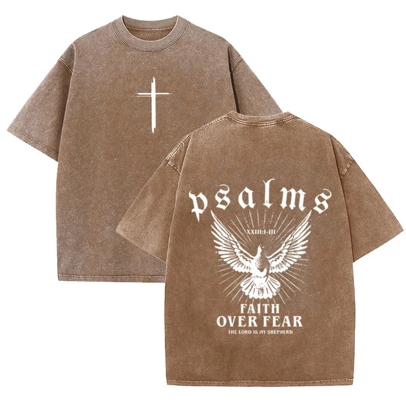 Retro Faith Over Fear T Shirt Psalms Dove Print Casual Washed Religious Streetwear-4