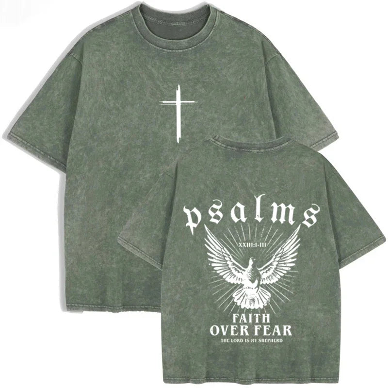 Camiseta Religiosa Retro – Fe sobre el Miedo, Estampado Paloma y Salmos, Streetwear