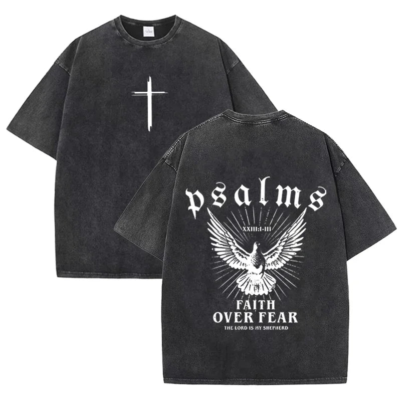 Camiseta Religiosa Retro – Fe sobre el Miedo, Estampado Paloma y Salmos, Streetwear