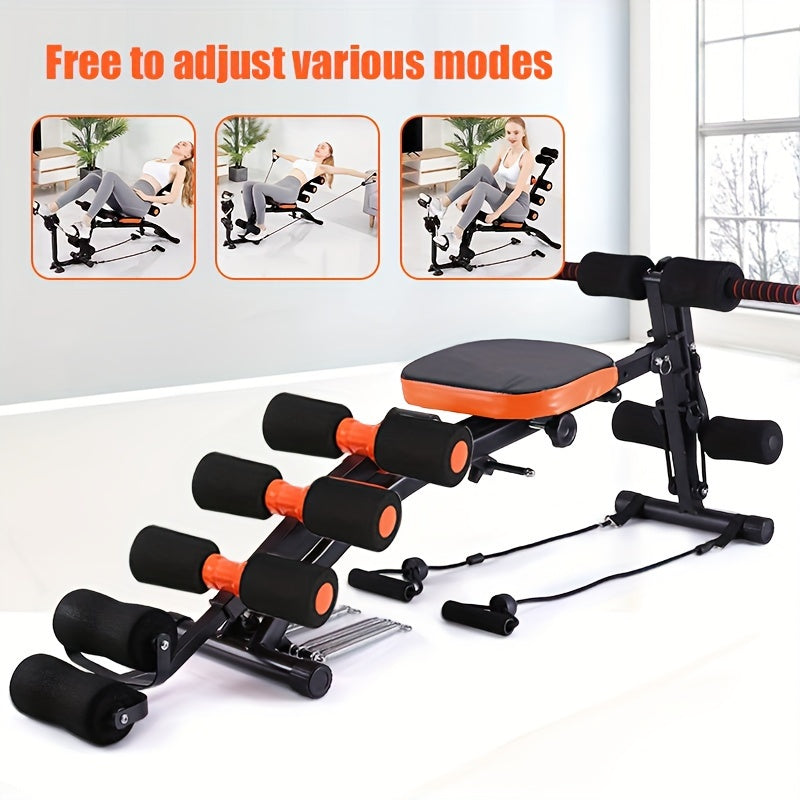Banco Multifunction Gym 6 en 1 – Abdominales, Piernas y Core, Hierro, Naranja y Negro, 135x94cm