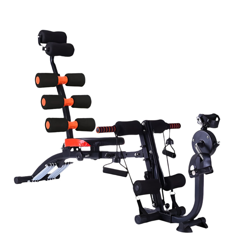 Banco Multifunction Gym 6 en 1 – Abdominales, Piernas y Core, Hierro, Naranja y Negro, 135x94cm