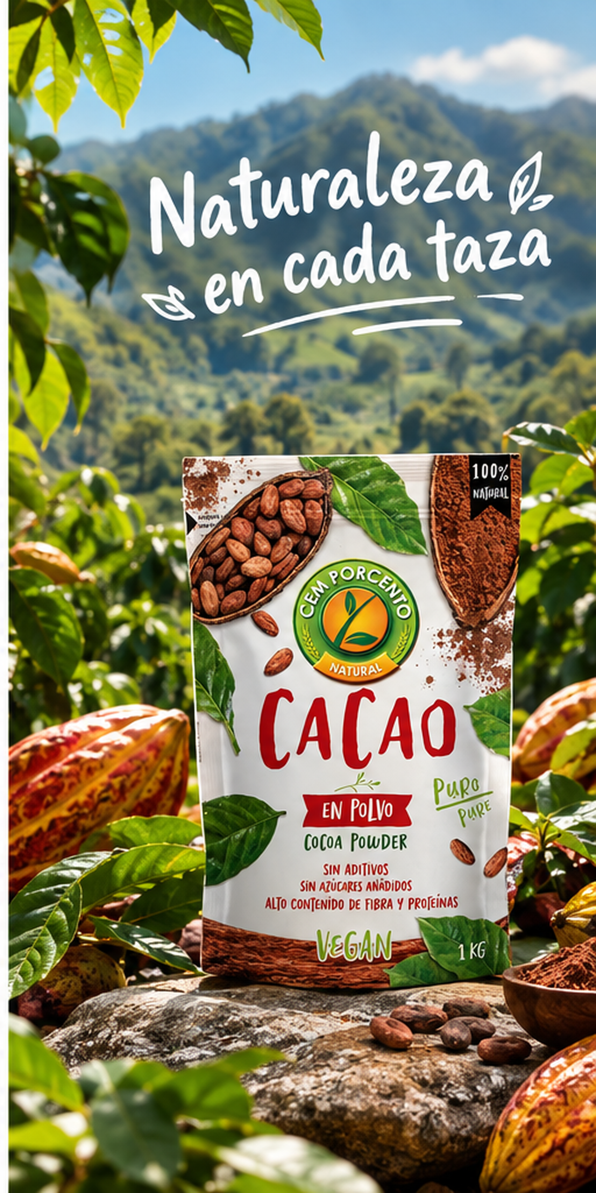 Cacao Puro en Polvo 100% Natural 1Kg - Cem Porcento