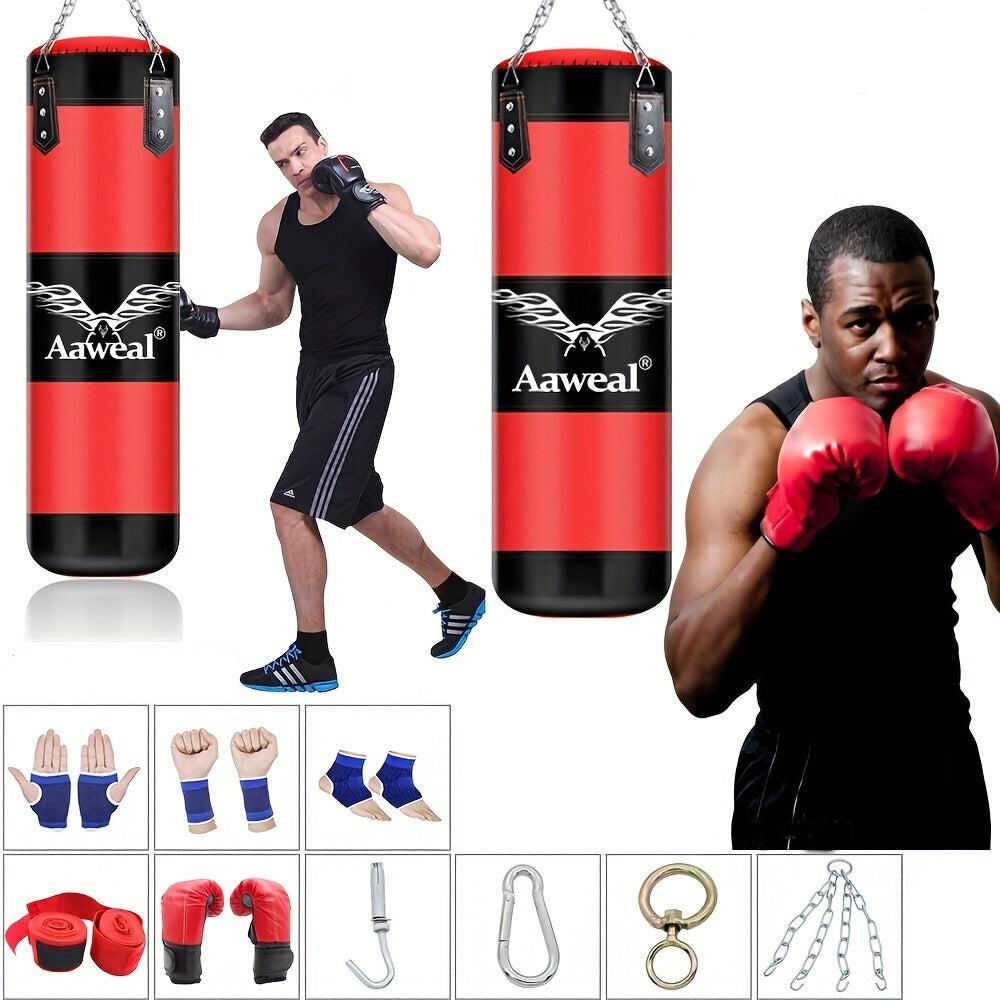 Saco de Boxeo Hueco Colgante con Gancho – Cuero PU, 100cm, Set Completo con Guantes y Accesorios, Rojo